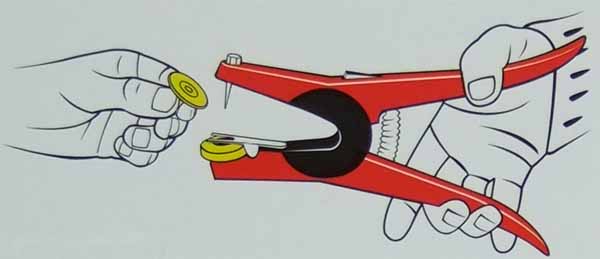 Dip jaws of applicator holding tag into antiseptic or disinfectant solution. Dip jaws of applicator holding tag into antiseptic or disinfectant solution.